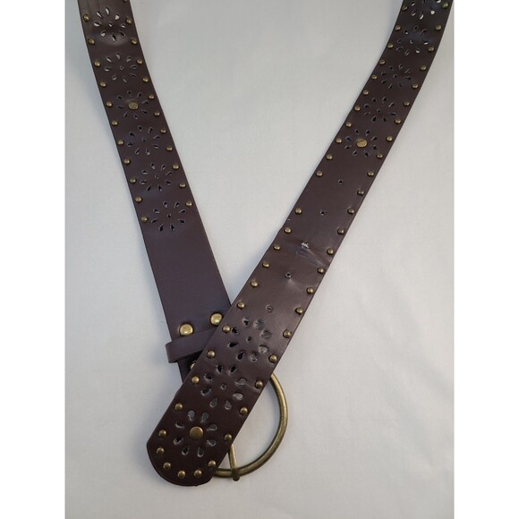 Brown Leather Belt Floral Cutout Brass Studs Western Boho Vintage Style M - Picture 2 of 6
